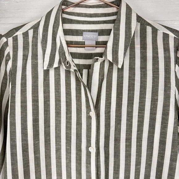 CHICO'S Striped Linen Blend Maxi Tunic Top Size 8-10 Belted Gray White Lagenlook - Picture 5 of 15